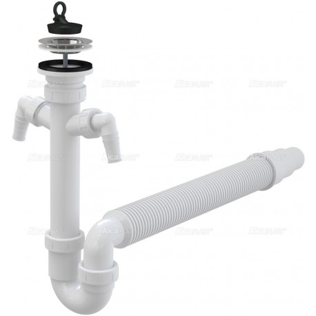 Alcaplast Syfon zlewu rurowy z dwoma zlaczkami, elastyczna rura i nierdzewnym sitkiem Ø70 A840 Ø50/40